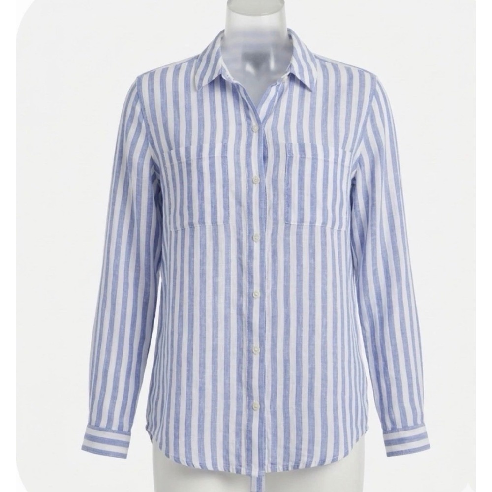 Lord & Taylor Blue White Striped Linen Button Down Shirt Sz M Long Sleeve Pocket
